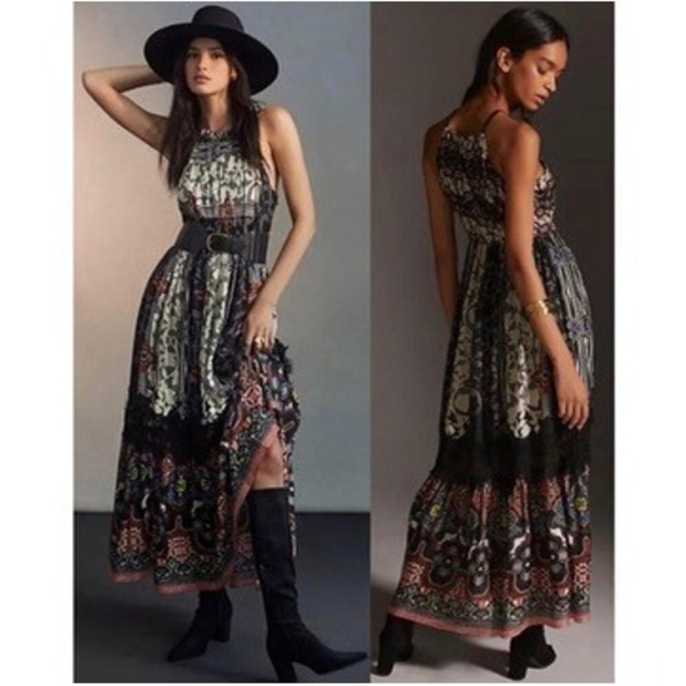 Bhanuni by Jyoti Anthropologie Mixed Print Boho Lace Tiered Maxi Dress Pockets